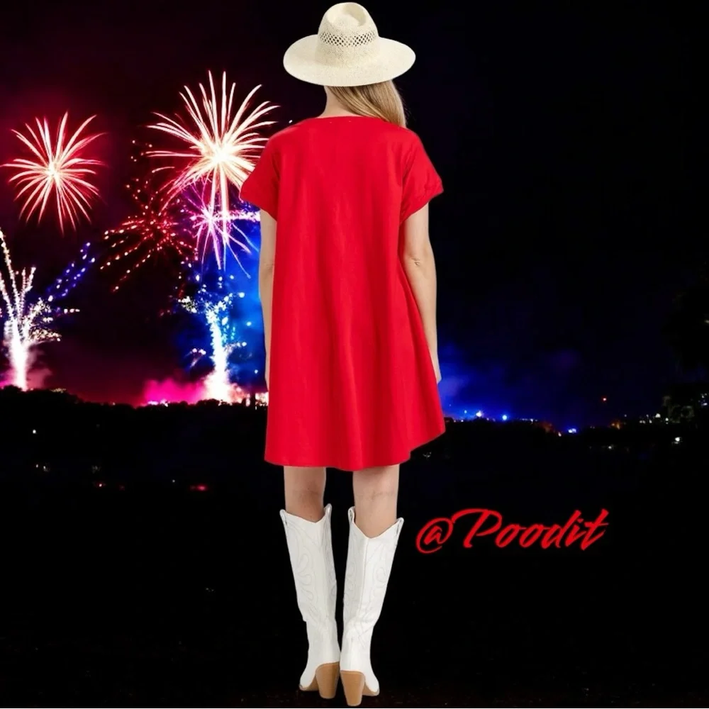 FANTASTIC FAWN patriotic red tunic “cans” dress S M L - Picture 3 of 9